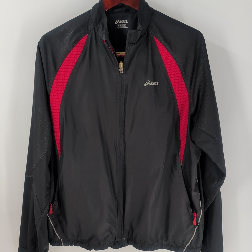 Asics Lightweight Full Zip‎ Zipped Pockets Windbreaker Jacket Black Red Size M